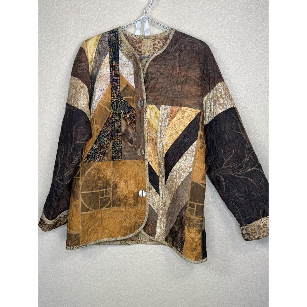 Vtg Handmade Patchwork Quilted Jacket Sz L Boho Southwestern Leopard Lined